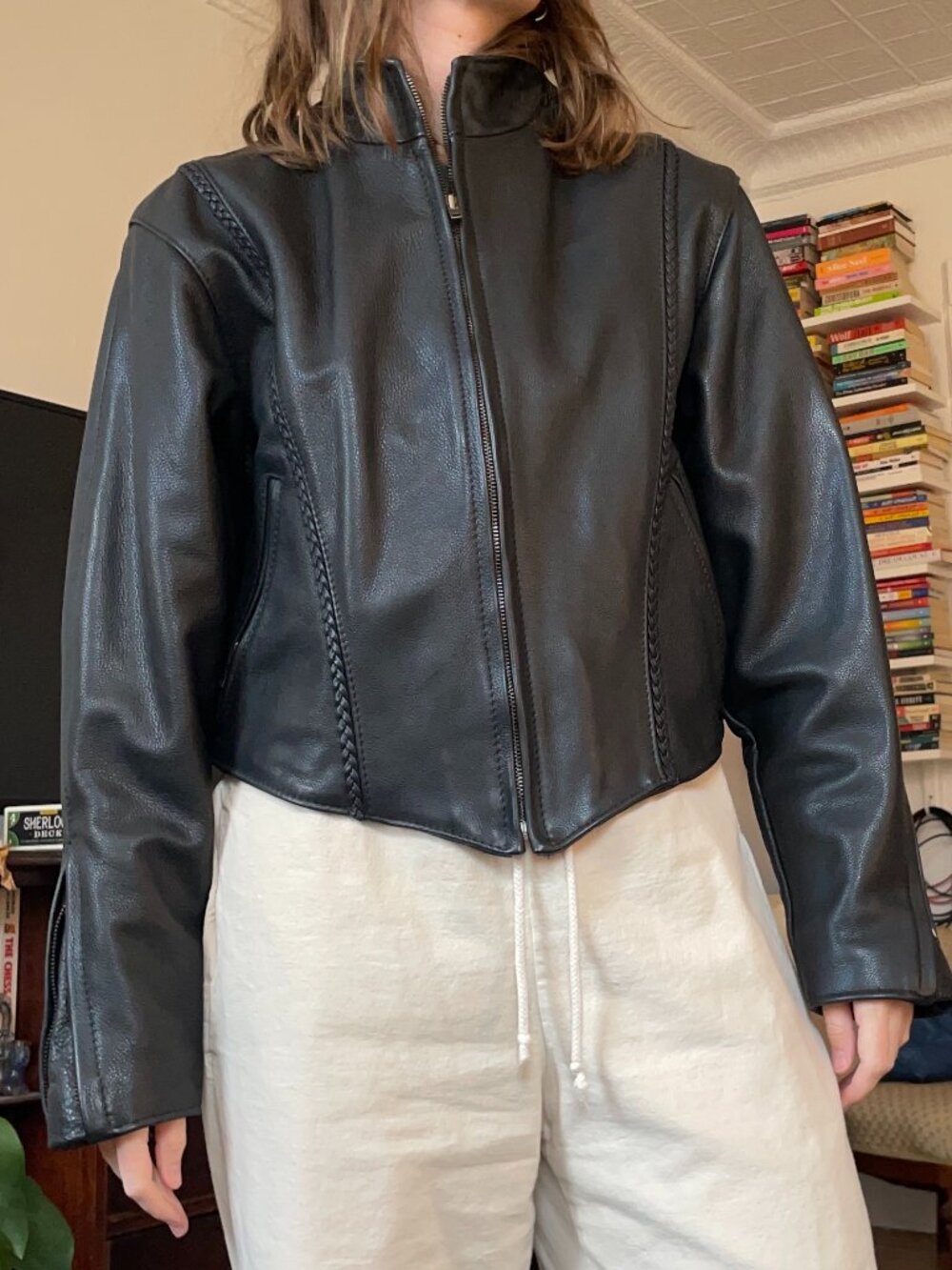 Classic Leather Black Leather Jacket with braiding detail